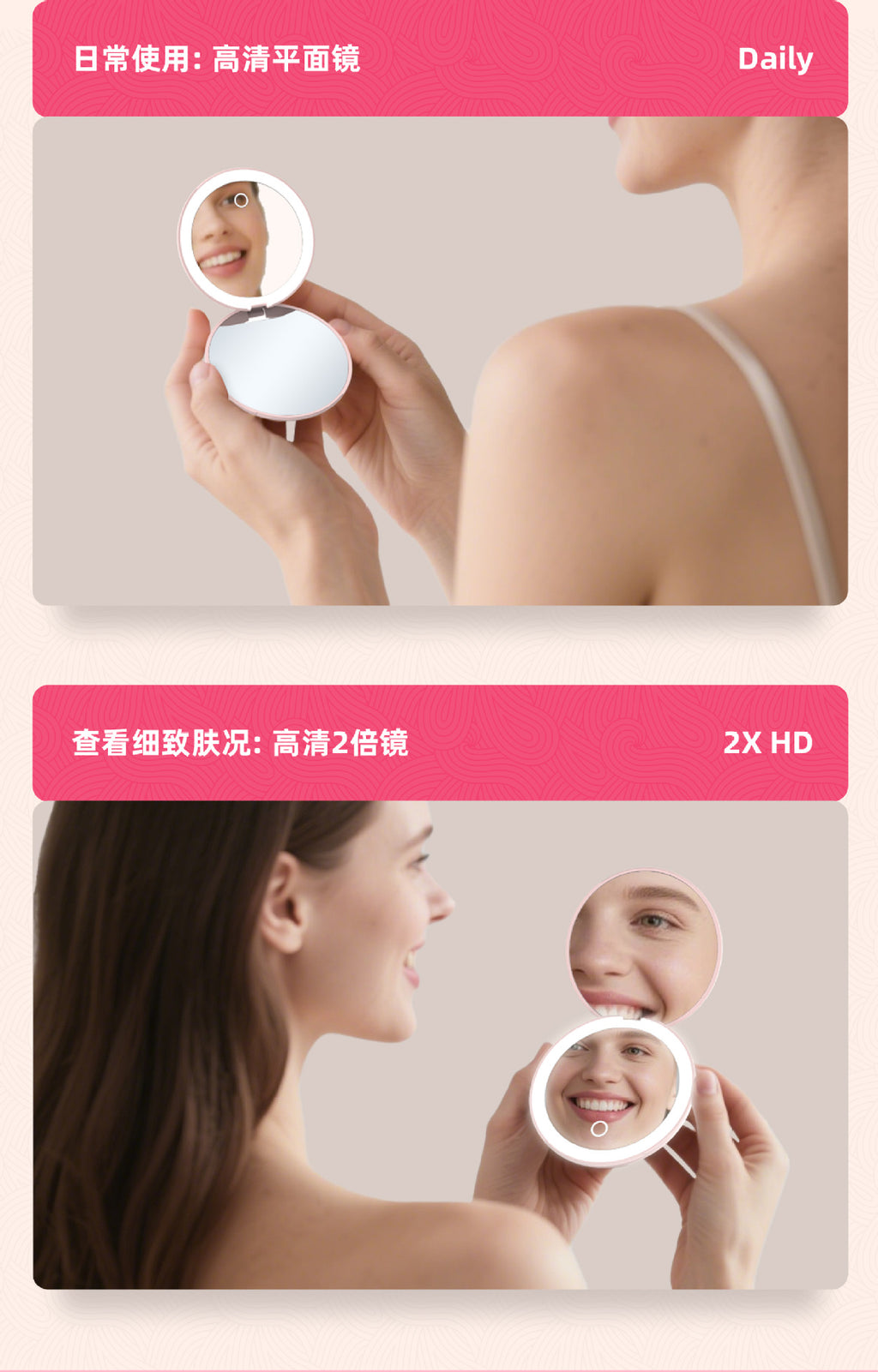 led Cosmetic Mirror Three-Color Luminous Round Portable Folding With Magnetic Suction Rechargeable Gift Small Mirror