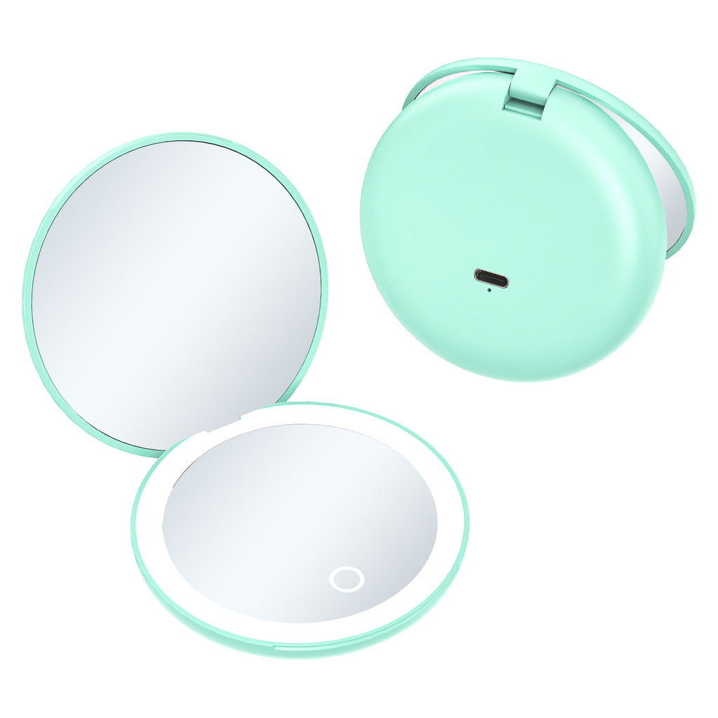 led Cosmetic Mirror Three-Color Luminous Round Portable Folding With Magnetic Suction Rechargeable Gift Small Mirror