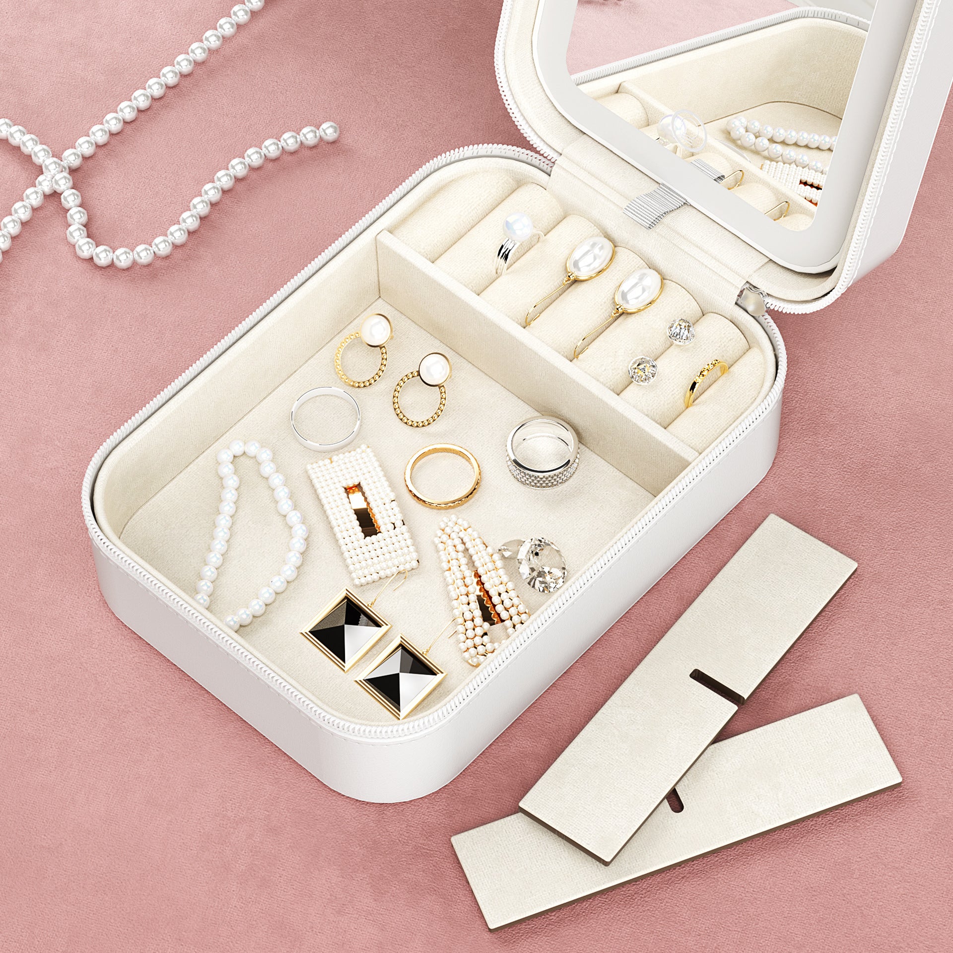 Mini LED Makeup Mirror Bag Charging Three-Color Luminous Jewelry Storage Box