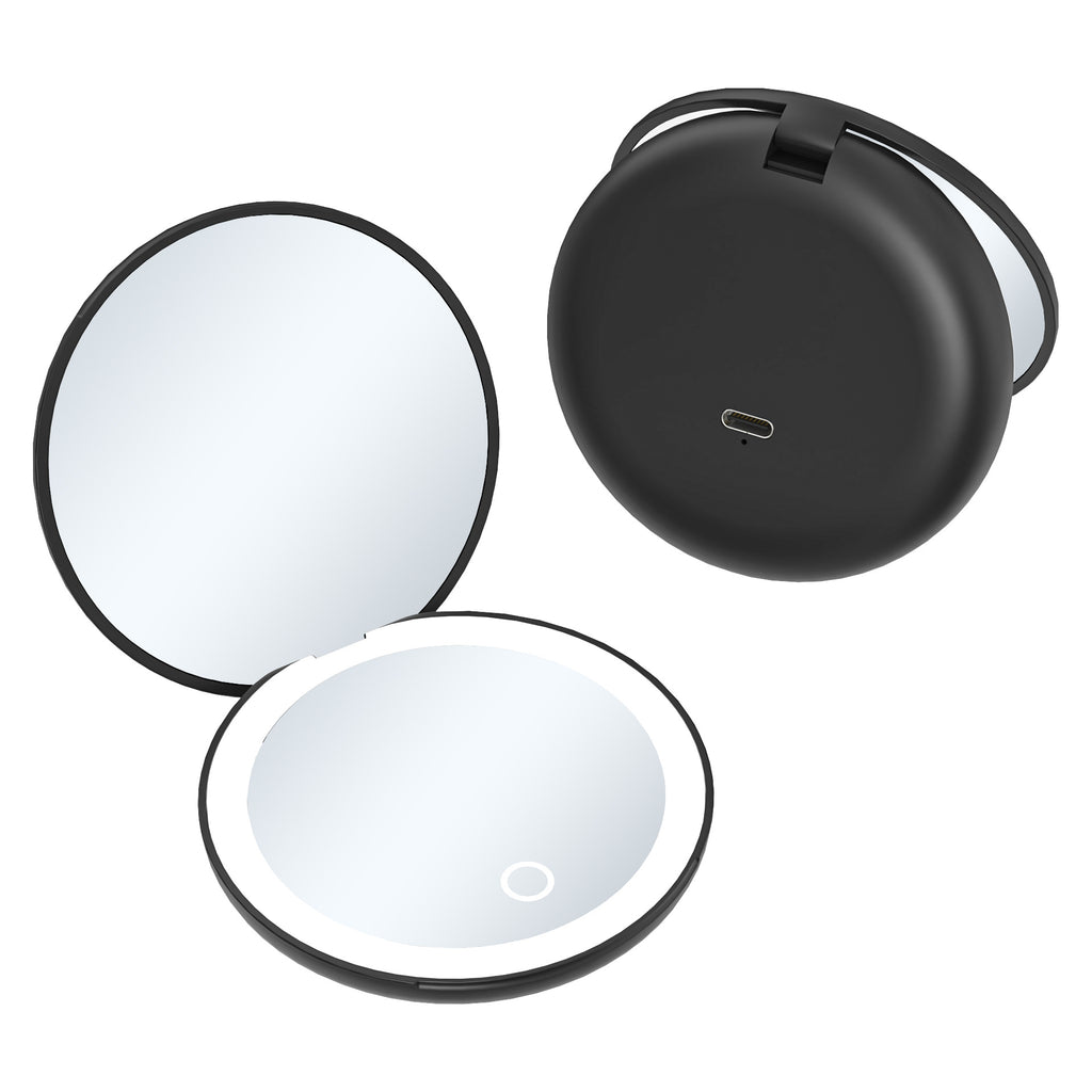 led Cosmetic Mirror Three-Color Luminous Round Portable Folding With Magnetic Suction Rechargeable Gift Small Mirror